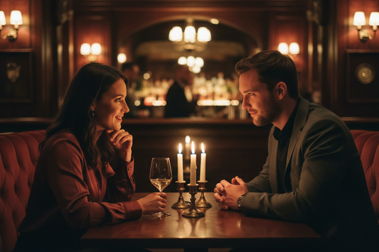 Mann und Frau beim ersten Date in elegantem Bar-Ambiente – selbstbewusstes Auftreten und die richtigen Worte entscheiden über den ersten Eindruck