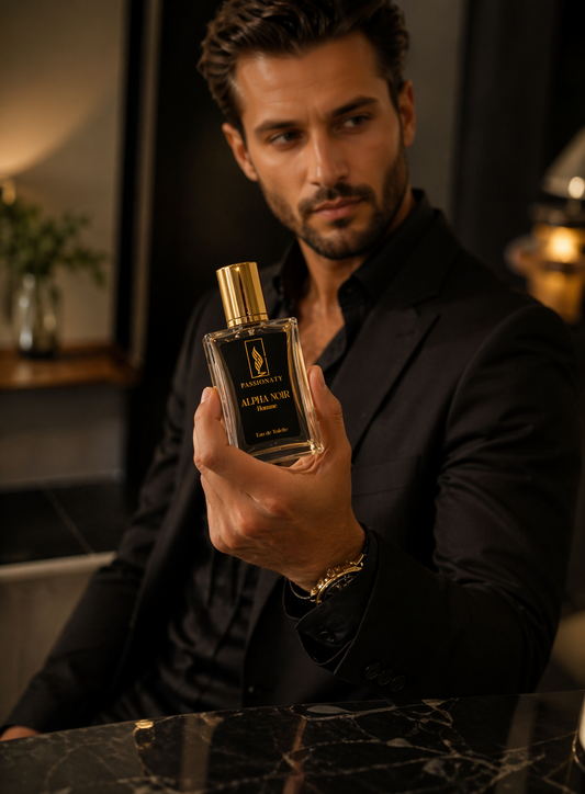 Mann im schwarzen Anzug hält Alpha Noir Homme Parfüm – Eleganz & Anziehung von Passionaty