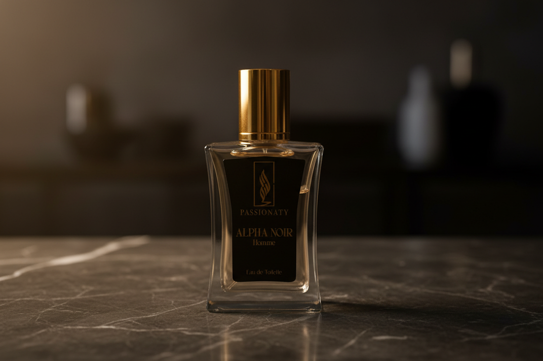 Alpha Noir Homme Parfüm auf schwarzem Marmor – Tipps für längere Parfüm Haltbarkeit von Passionaty