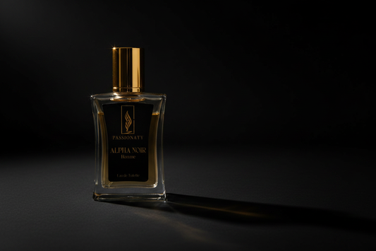 Alpha Noir Homme Parfüm Flakon auf dunklem Hintergrund – maskuliner Nischenduft von Passionaty