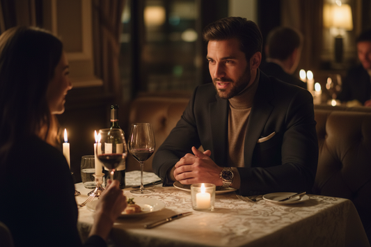 Selbstbewusster Mann beim ersten Date in elegantem Restaurant – der richtige Auftritt, die richtigen Fragen und ein unvergesslicher Duft machen den Unterschied