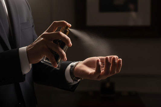 Mann sprüht Alpha Noir Homme Parfüm auf Handgelenk – Parfüm richtig auftragen