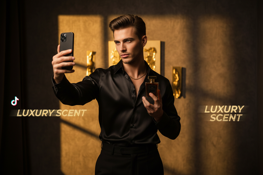 Stylischer Mann mit Smartphone und luxuriösem Pheromone Parfüm Flakon – warum Pheromone Parfüm auf TikTok viral geht und was wirklich dahintersteckt