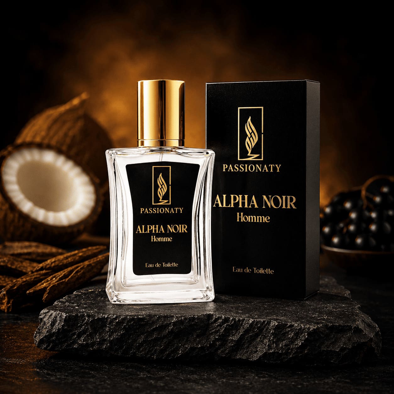 Passionaty Alpha Noir Homme Eau de Toilette – Glasflakon mit goldenem Verschluss und schwarzem Etikett neben schwarzer Verpackungsbox, dekoriert mit Kokosnuss und schwarzen Beeren auf dunklem Steinsockel