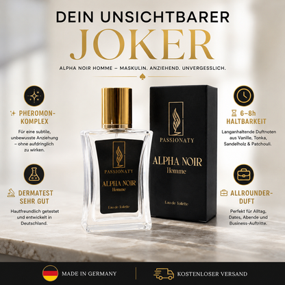 Alpha Noir Homme Eau de Toilette von Passionaty – Flakon und Verpackung auf Marmor. Pheromon-Komplex, Dermatest sehr gut, 6–8h Haltbarkeit, Allrounder-Duft. Made in Germany, kostenloser Versand.