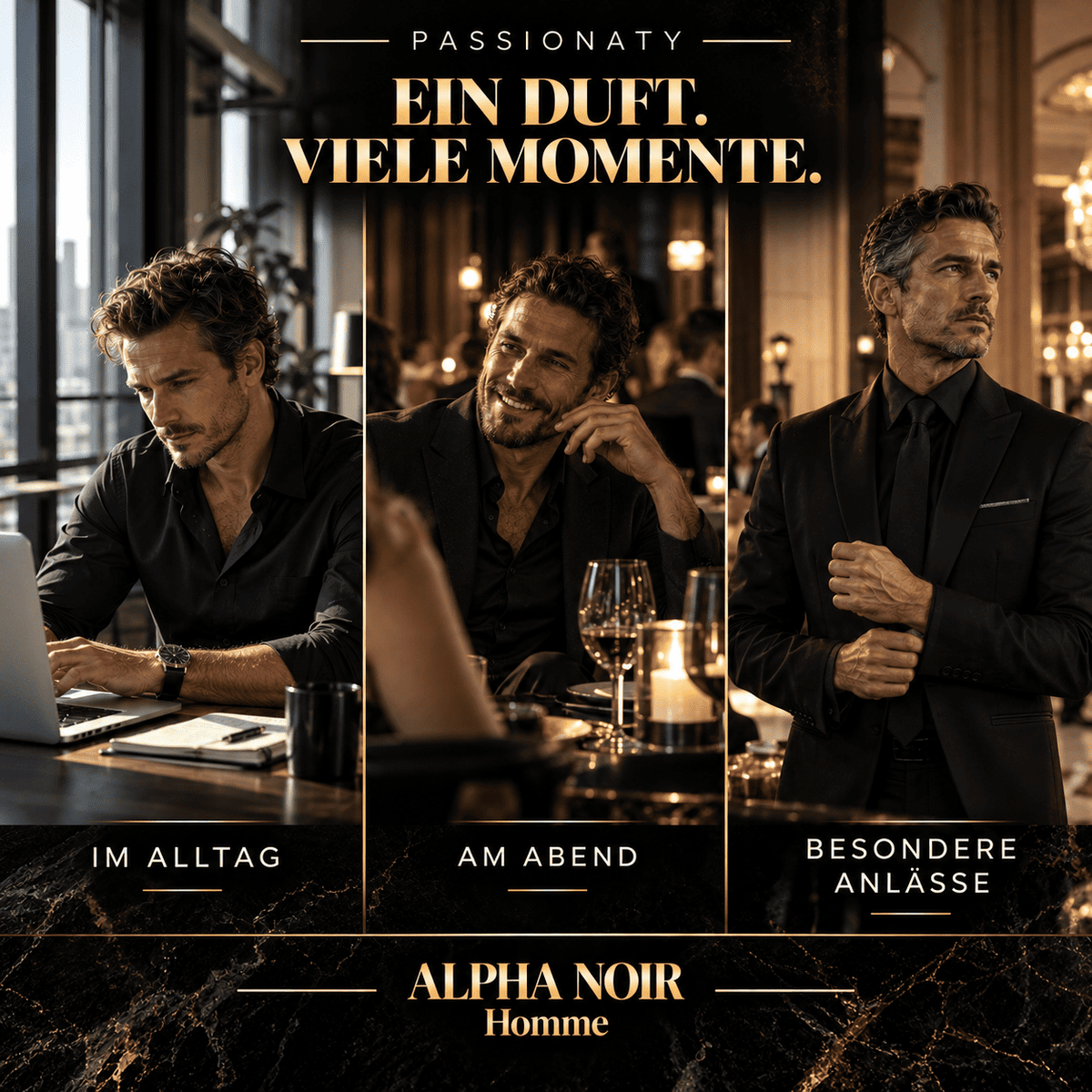 PASSIONATY Alpha Noir Homme – eleganter Herrenduft für Alltag, Abend und besondere Anlässe, dargestellt in drei stilvollen Lifestyle-Szenen.