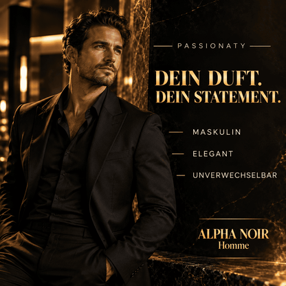 PASSIONATY Alpha Noir Homme – eleganter Mann im schwarzen Anzug in luxuriöser Umgebung, mit den Duftcharakteren maskulin, elegant und unverwechselbar.