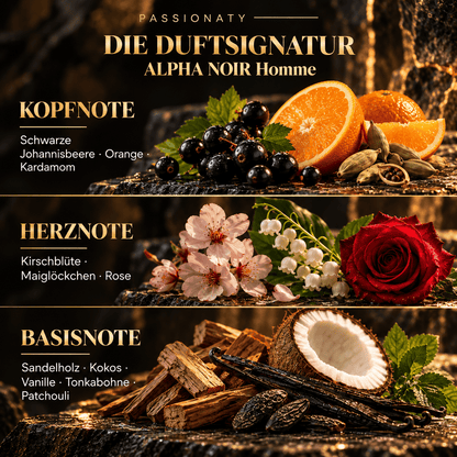 PASSIONATY Alpha Noir Homme – Duftnoten mit schwarzer Johannisbeere, Orange und Kardamom, floraler Herznote sowie Sandelholz, Kokos, Vanille, Tonkabohne und Patchouli.