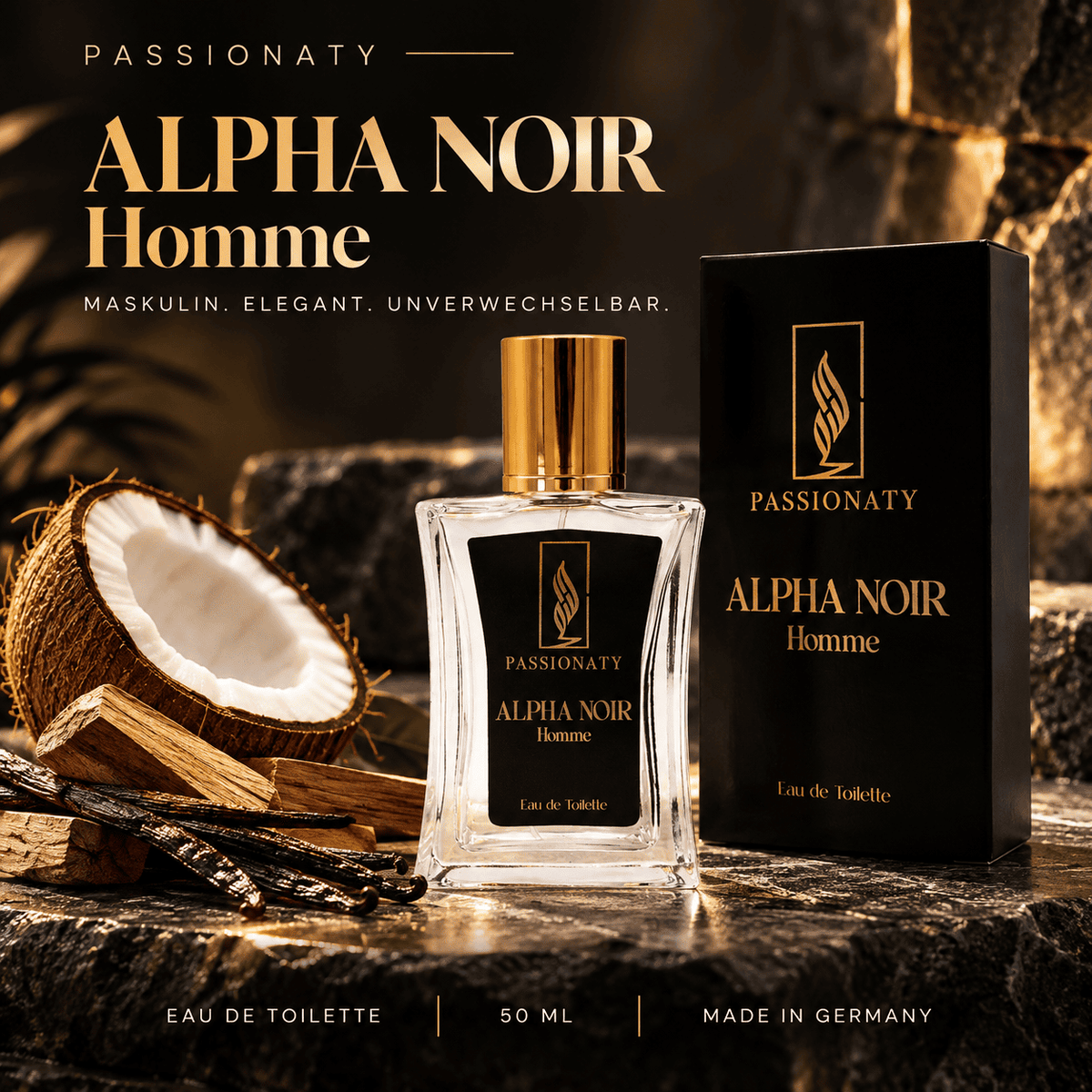 PASSIONATY Alpha Noir Homme Eau de Toilette 50 ml – maskuliner Herrenduft mit Kokosnuss, Vanille und Sandelholz, Flakon und Verpackung.