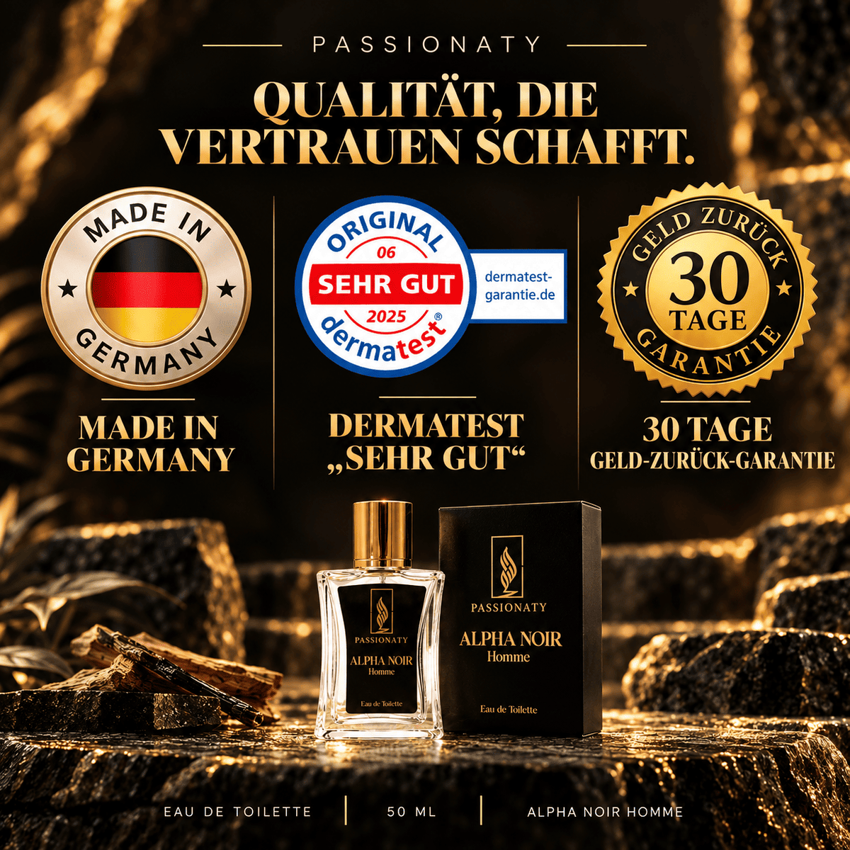 PASSIONATY Alpha Noir Homme 50 ml mit Made-in-Germany-Siegel, Dermatest-Bewertung „Sehr Gut“ und 30-Tage-Geld-zurück-Garantie.
