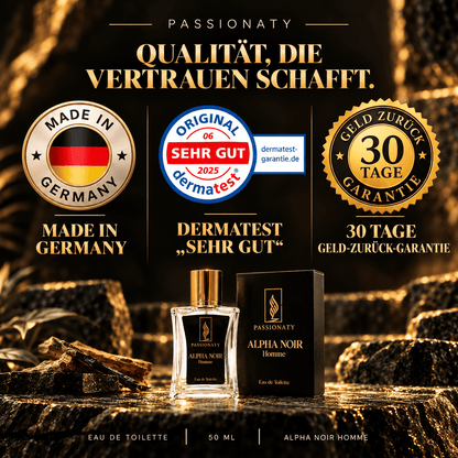 PASSIONATY Alpha Noir Homme 50 ml mit Made-in-Germany-Siegel, Dermatest-Bewertung „Sehr Gut“ und 30-Tage-Geld-zurück-Garantie.